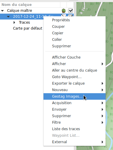 Menu contextuel de trace, avec l’outil Geotag Images mis en évidence